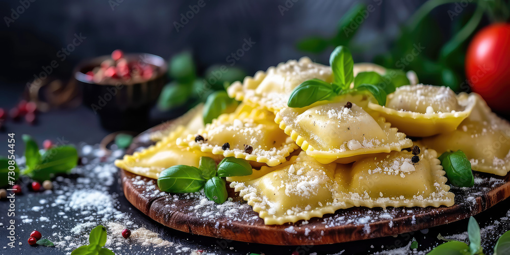 Fresh Ravioli Pasta Sprinkled with Flour on table Surface. Homemade ravioli dusted with flour, copy space. Fresh Ravioli Pasta Sprinkled with Flour on table Surface. Homemade ravioli dusted with flour, copy space.