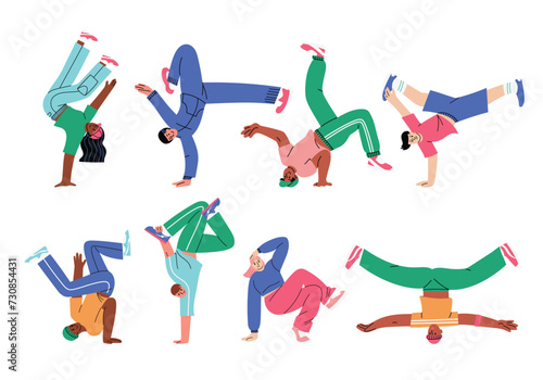 Set with 8 diverse breakdance dancers, performing different moves. Hand drawn vector illustration in flat design, isolated on white background