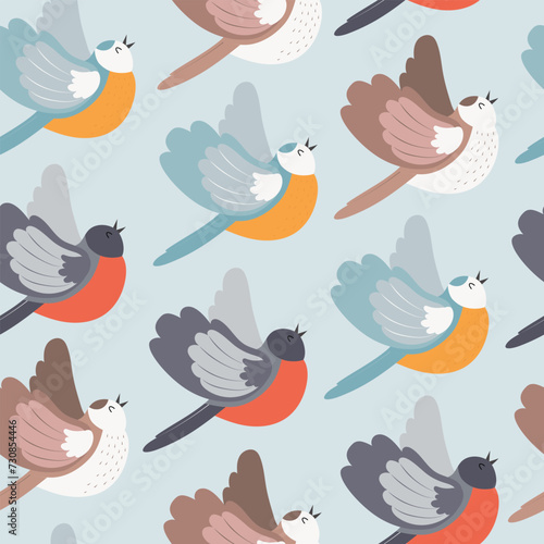 Seamless pattern with cute chubby local birds, flying and chirping. Hand drawn vector illustration