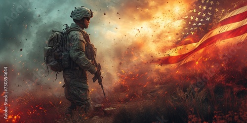 Soldier in Camo Standing in Front of a Burning Flag Generative AI