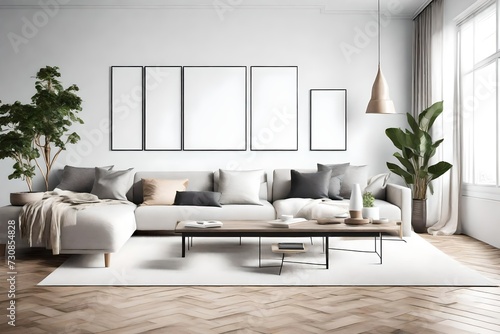 Step into a world of understated elegance with a minimalist living room  highlighted by Scandinavian design  an empty wall mockup  and a white blank frame for customization.
