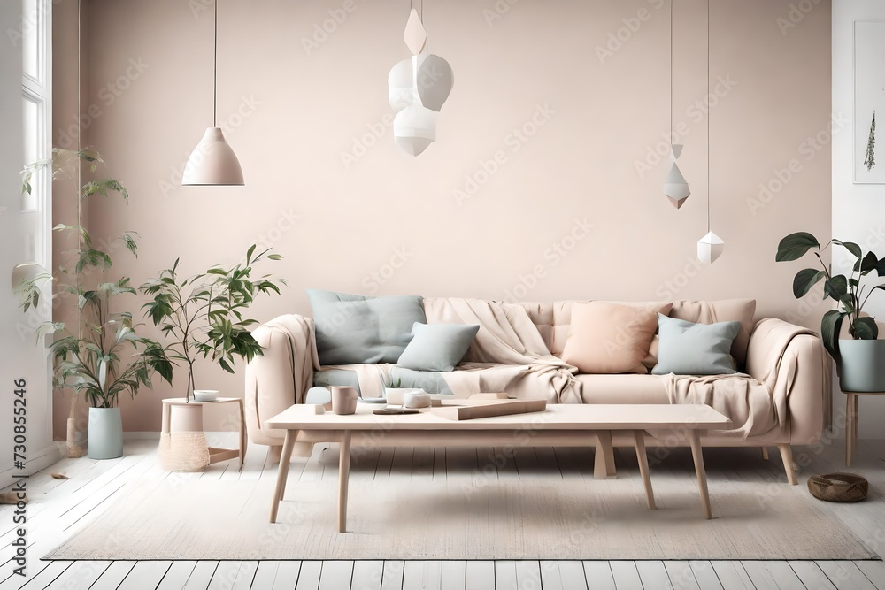 A serene Scandinavian living room with a simple sofa and coffee table, adorned in pastel hues, featuring an empty wall mock-up in minimalist style. A serene Scandinavian living room with a simple sofa and coffee table, adorned in pastel hues, featuring an empty wall mock-up in minimalist style.