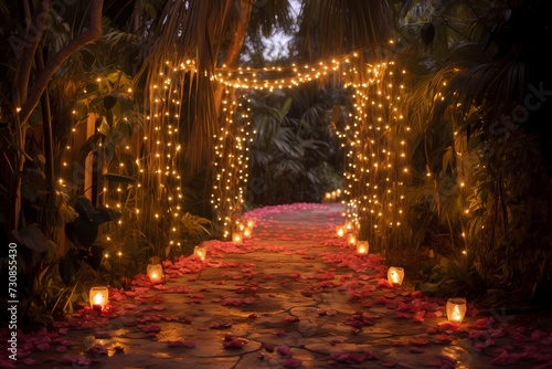 Enchanting Valentine's Day garden pathway illuminated by fairy lights, guiding the way to a surprise