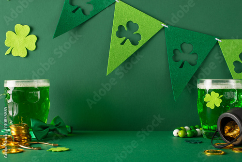 Leprechaun day motif: side view photo of beer vessels, shamrock plants, gold currency, pot of fortune, lucky horseshoe, beads, and flag ribbon on a verdant field photo