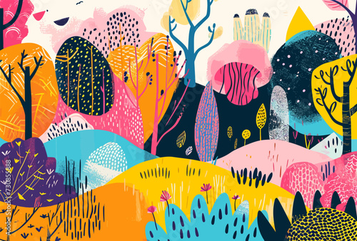 Abstarct Illustration of Nature Mountain Forest Jungle Landscape Background in Flat Vector Color for Icon, Logo, Poster, Banner, Flayer