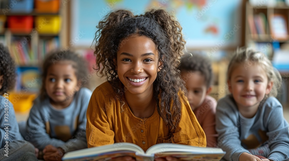 Smiling Girl with Pigtails Reading a Book in a Classroom Generative AI Smiling Girl with Pigtails Reading a Book in a Classroom Generative AI