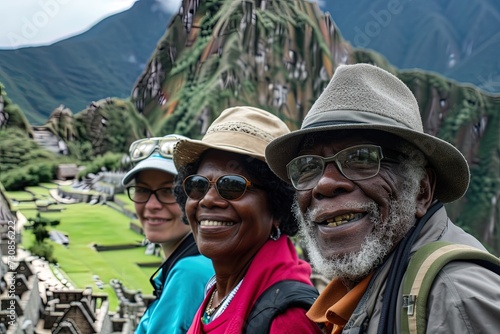 Group of senior multiethnic friends, traveler portrait, in front of landscape in Latin America. © Marcela Ruty Romero