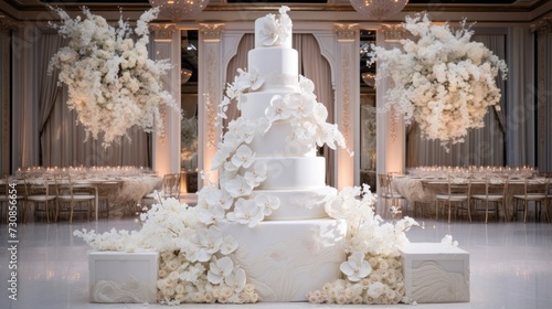 A large multi-storey white wedding cake decorated with flowers in the banquet hall.
