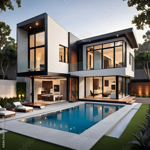 Modern house and swimming pool 3D picture.