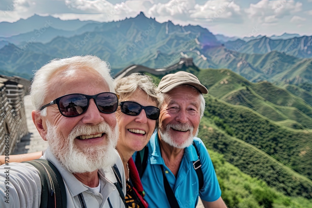 Group of senior friends, traveler portrait, in front of landscape in Latin America.