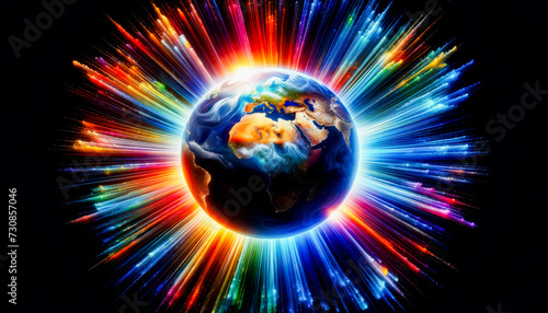Gleaming Globe  Earth Aglow with Radiant Colorful Rays of Light
