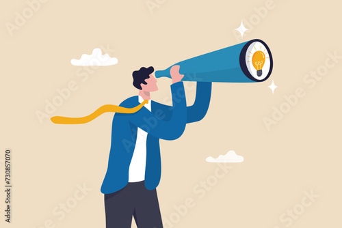 Product discovery, discover new idea or business insight, searching for innovation, creativity or smart solution, finding success concept, businessman look through telescope to find lightbulb idea.