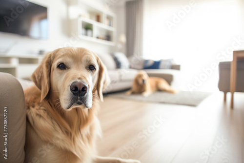 Closeup of one big dog in the apartment and another one lying on the floor in the blurry living room background © eshana_blue