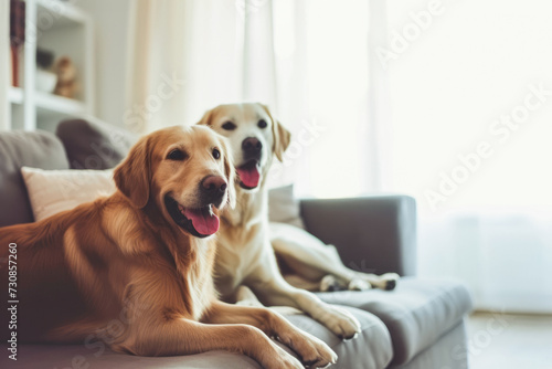 Two big yellow dogs sitting on a sofa in the living room, adorable indoor pets