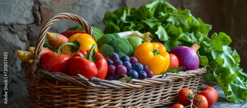 Organic fruits and vegetables displayed in a wicker basket.