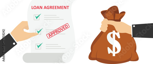 Loan agreement borrow money from bank, mortgage, debt or obligation to pay back interest rate, personal loan or financial support.

