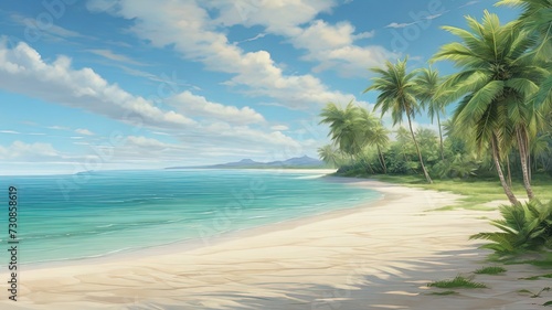 A serene digital painting of a tropical beach: turquoise waters, palm trees, and blue sky. Ideal for travel or vacation themes