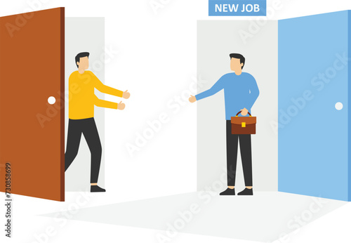 Businessman walks out from one door to another.Businesswoman comes out to welcome him.Change job, cooperation concept.