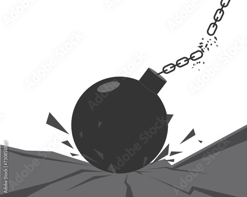 Wrecking ball destroys ground.Destruction effect. Abstract cloud of pieces and fragments after ground demolition by wrecking ball.

