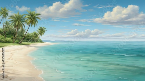 A serene digital painting of a tropical beach: turquoise waters, palm trees, and blue sky. Ideal for travel or vacation themes