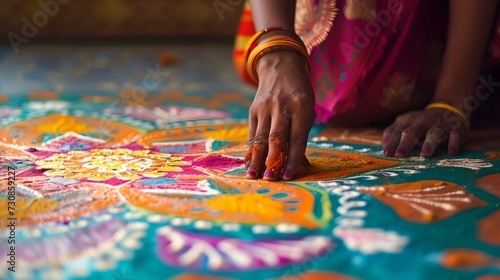Vibrant rangoli art creation in progress, close-up of hand with bright colors and traditional indian style. cultural craftsmanship captured elegantly. AI © Irina Ukrainets