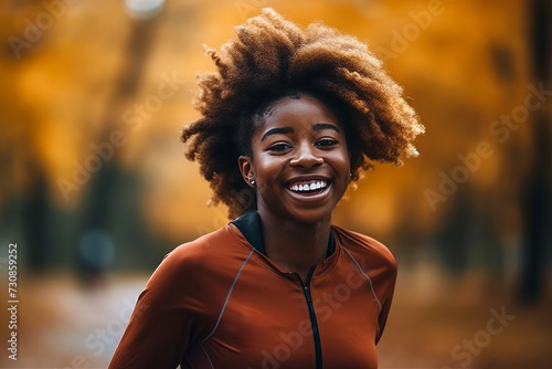 Cheerful black woman with curly hair