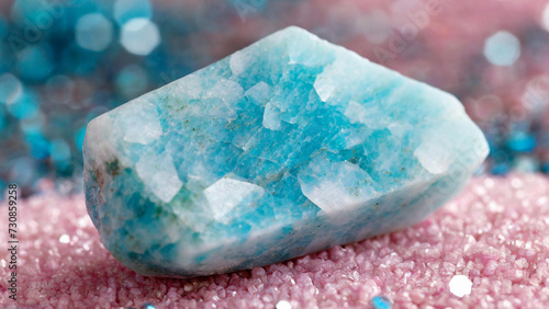 closeup macro view of a blue amazonite gemstone mineral on a glittery pastel pink background a picture for banner