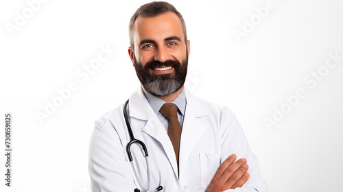 Middle Eastern doctor exudes confidence, beaming in his lab coat against a pure white backdrop. © XaMaps