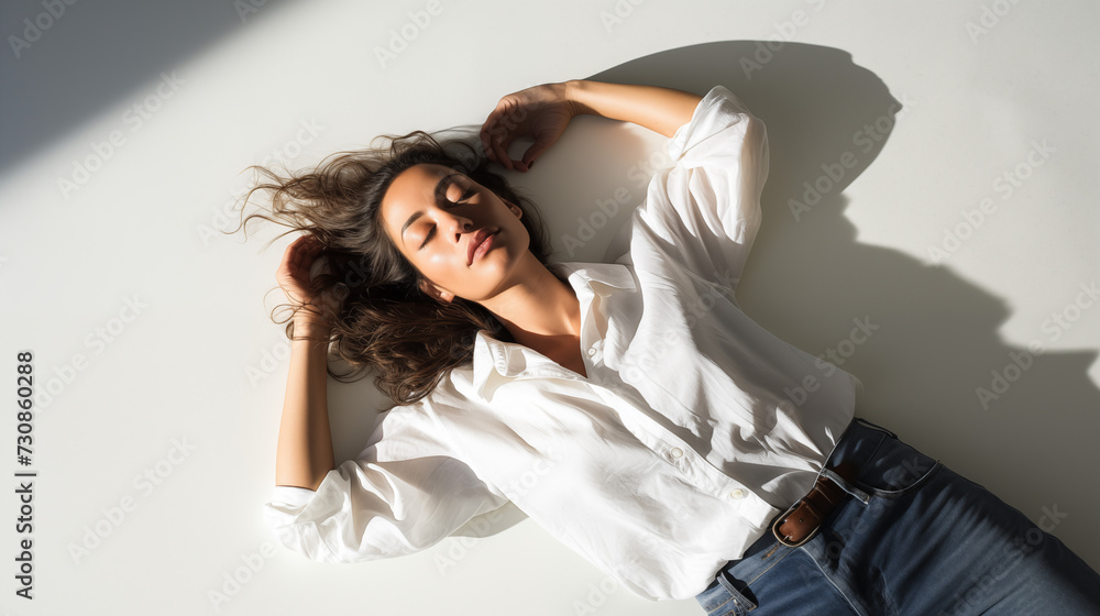 Naklejka premium Casual and tranquil mood captured as a woman lies in repose on a white surface, with the interplay of light and shadow adding depth