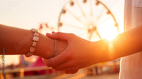 Intertwined hands of a pair showcase matching bracelets against the romantic backdrop of a sunset near a Ferris wheel.