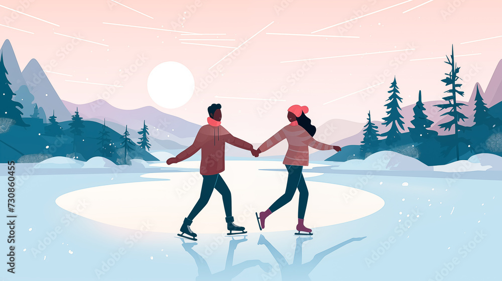 Two people ice skating in a winter landscape, holding hands and enjoying a sunny day