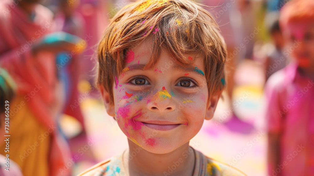 portrait of Indian child at holi festival, child is painted with holi colours, celebrating Holi festival. portrait of Indian child at holi festival, child is painted with holi colours, celebrating Holi festival.