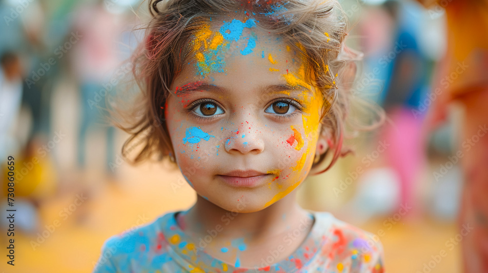 portrait of Indian child at holi festival, child is painted with holi colours, celebrating Holi festival. portrait of Indian child at holi festival, child is painted with holi colours, celebrating Holi festival.
