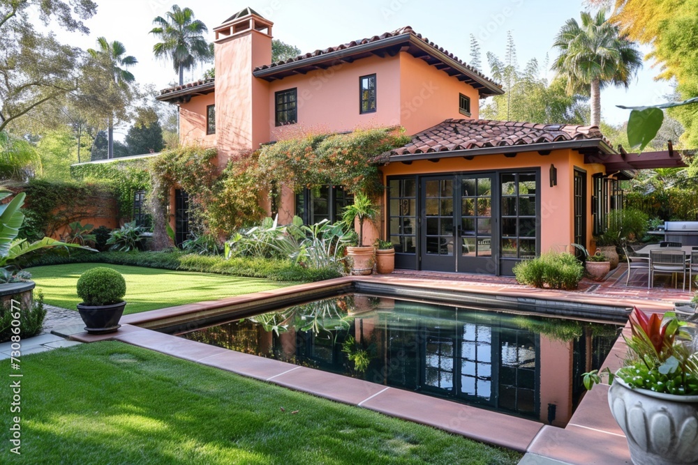 A side angle view of a craftsman house in a soft apricot hue, with a backyard that includes a Mediterranean oasis with a small reflecting pool.