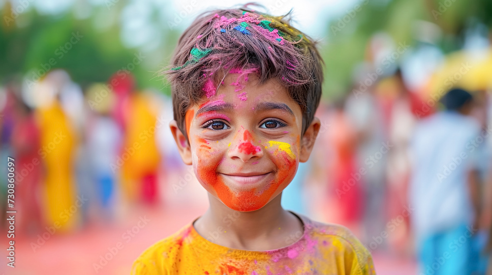 portrait of Indian child at holi festival, child is painted with holi colours, celebrating Holi festival. portrait of Indian child at holi festival, child is painted with holi colours, celebrating Holi festival.