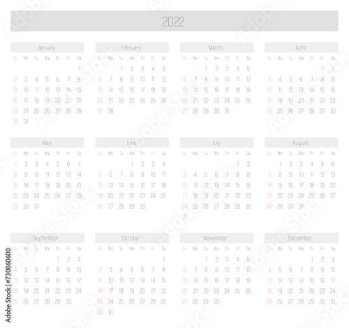Monthly calendar of year 2022. Week starts on Sunday. Block of months in two rows and six columns horizontal arrangement. Simple thin minimalist design. Vector illustration.