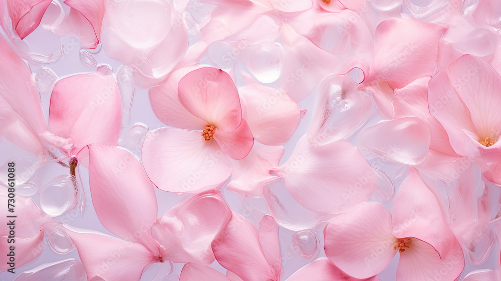 Pink background of frozen flowers in ice, concept of cryotherapy for skin care. Elegant pink petals in ice. Delicate texture. Frosty beautiful natural winter or spring background.
