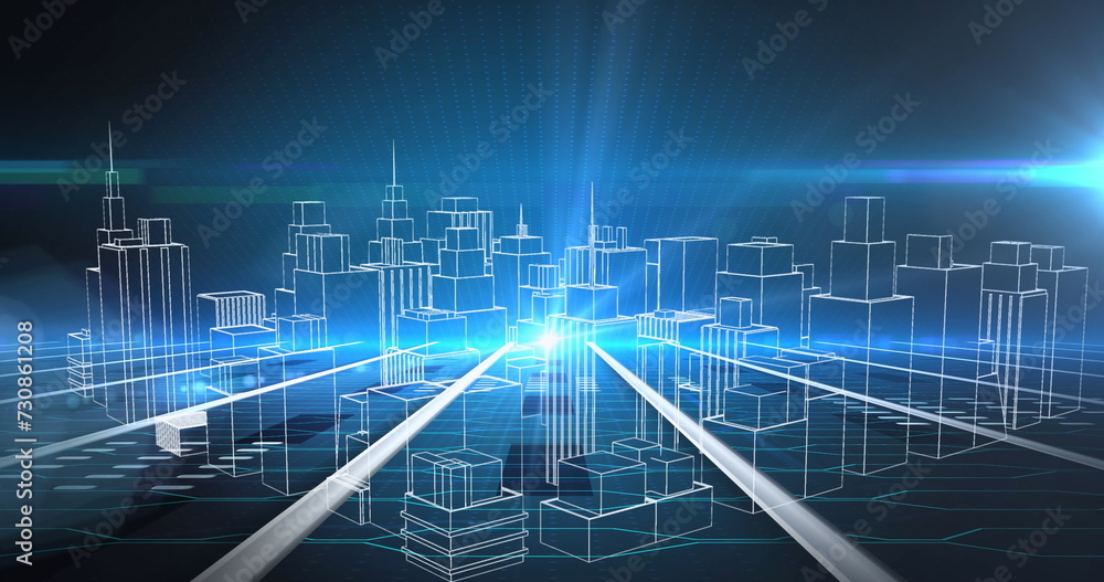 Image of 3d model of city spinning on glowing blue background Image of 3d model of city spinning on glowing blue background