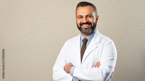 Compassionate Middle Eastern medical professional with a beard, arms folded, radiating friendliness on a minimalist backdrop
