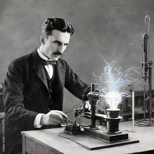 Nikola Tesla, Great inventor and Scientist doing experiment in the lab, black and white photo photo