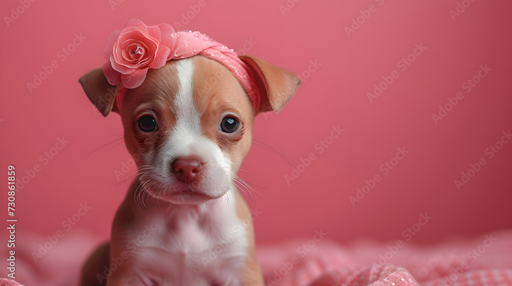 a cute chubby puppy wearing a ballerina headband and costume