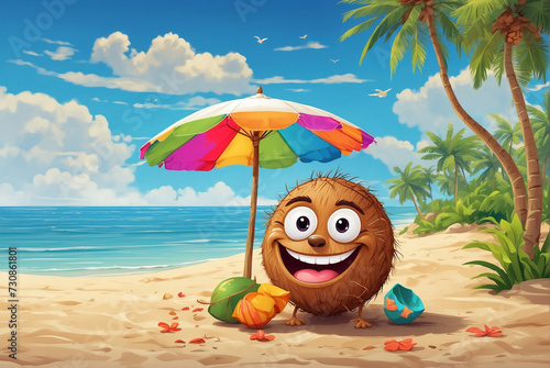Cartoon coconut on the beach