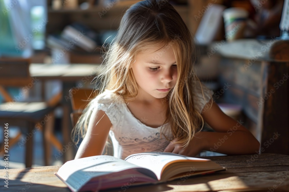 A blonde schoolgirl girl reads a book in a cafe on a sunny summer day. Leisure and pastime A blonde schoolgirl girl reads a book in a cafe on a sunny summer day. Leisure and pastime