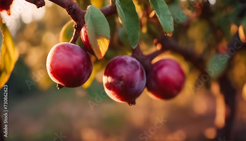 Armonia del Raccolto- Ramo di Prugne con Frutti Naturali su Sfondo Sfocato di un Frutteto durante l'Ora Dorata photo