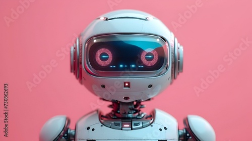 white robot standing on a pink surface looking directly at the camera