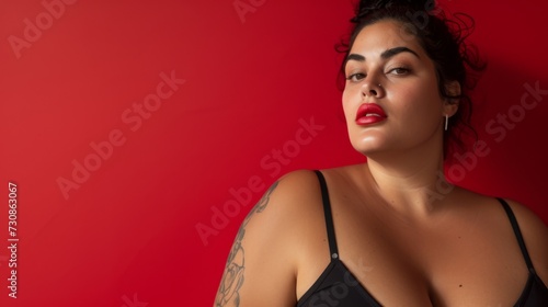 Plus size female model in bra on a red background. Photo in fashion editorial style 