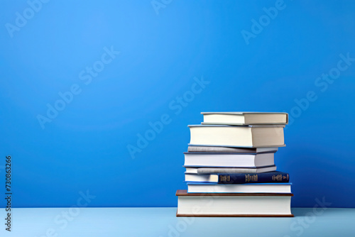 Serene Knowledge  A Tower of Books Gracefully Stacked on a Rich Blue Canvas