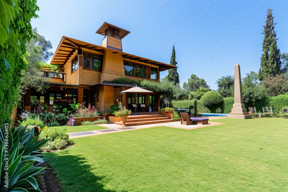 A side angle view of a craftsman house in a warm gold tone, with a backyard that includes an Egyptian-themed sun garden and an obelisk.