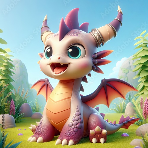 3D fantasy dragon, small size, cute. Mythology creature. Generative AI.