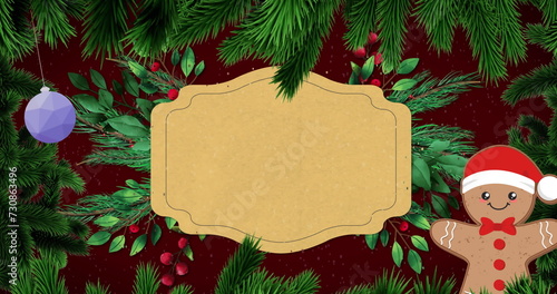 Image of christmas sign with copy space, decorations and snow falling on red background